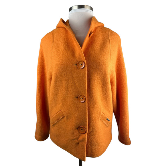 Geiger Austria Boiled Wool Coat Cardigan Jacket Hooded Button Orange Size 36 - Picture 3 of 16